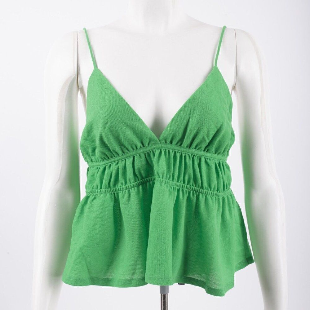 Zara Womens Ruched Top Tank Shirt M Green Open Back V-Neck 0264/809 NWT